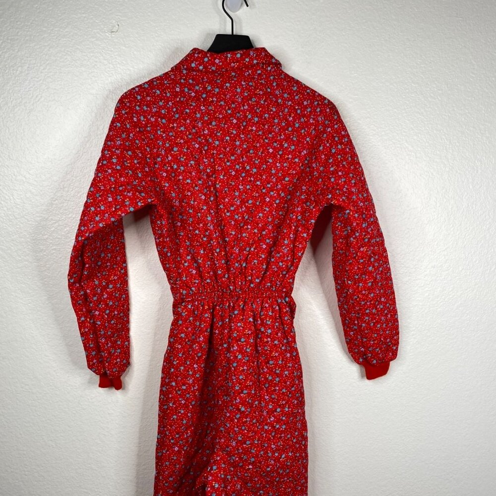 Vintage Wiman Red Floral Quilted Jumpsuit Sz Small Cottage Pajama Tie Waist 80s - Picture 11 of 15